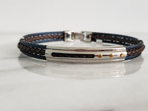 Brown Leather Blue Cable Bracelet